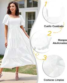 COLIZAMX Vestido Largo para Mujer Dress Casual con Cuello Cuadrado de Manga Corta para Playa Trabajo Fiesta - Blanco - Ver 5