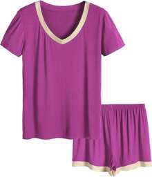 Latuza - Conjunto de Pijama de Manga Corta con Cuello en V para Mujer - Violeta - Ver 18