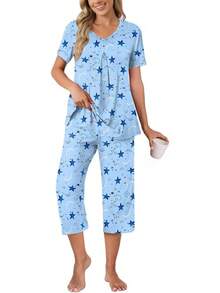 Anyally - Conjunto de pijama de verano para mujer, camisa de manga corta y pantalones capri de 2 piezas, pijama plisado con bolsillos - Mariposa azul plisada - Ver 21