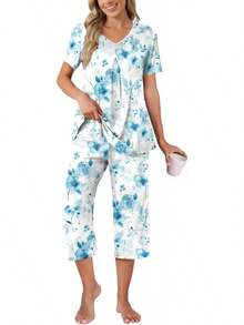 Anyally - Conjunto de pijama de verano para mujer, camisa de manga corta y pantalones capri de 2 piezas, pijama plisado con bolsillos - Mariposa verde plisada - Ver 10