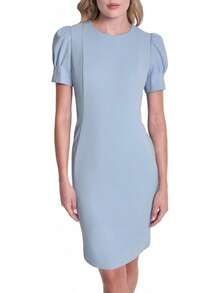DKNY - Vestido de Manga Corta abombada hasta la Rodilla con Cierre Trasera expuesta - Iris Combo Nuevo - Ver 12