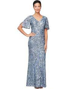 Alex Evenings - Vestido Largo para Madre de la Novia con Mangas voladas para Mujer con Cintura Imperio Fruncido (Tallas pequeñitas y Normales) - Malla violeta - Ver 7