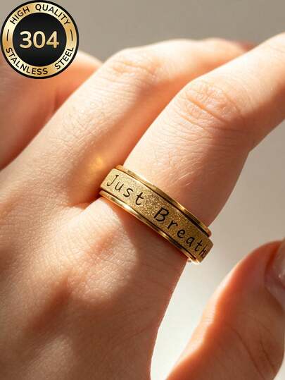 1pc 18K Gold Plated 2026 New Women's Premium Matte Shiny Niche Design Rotating Ring Engraved "Just Breathe" Birthday Confession Gift, Christmas Gift, Anniversary Gift