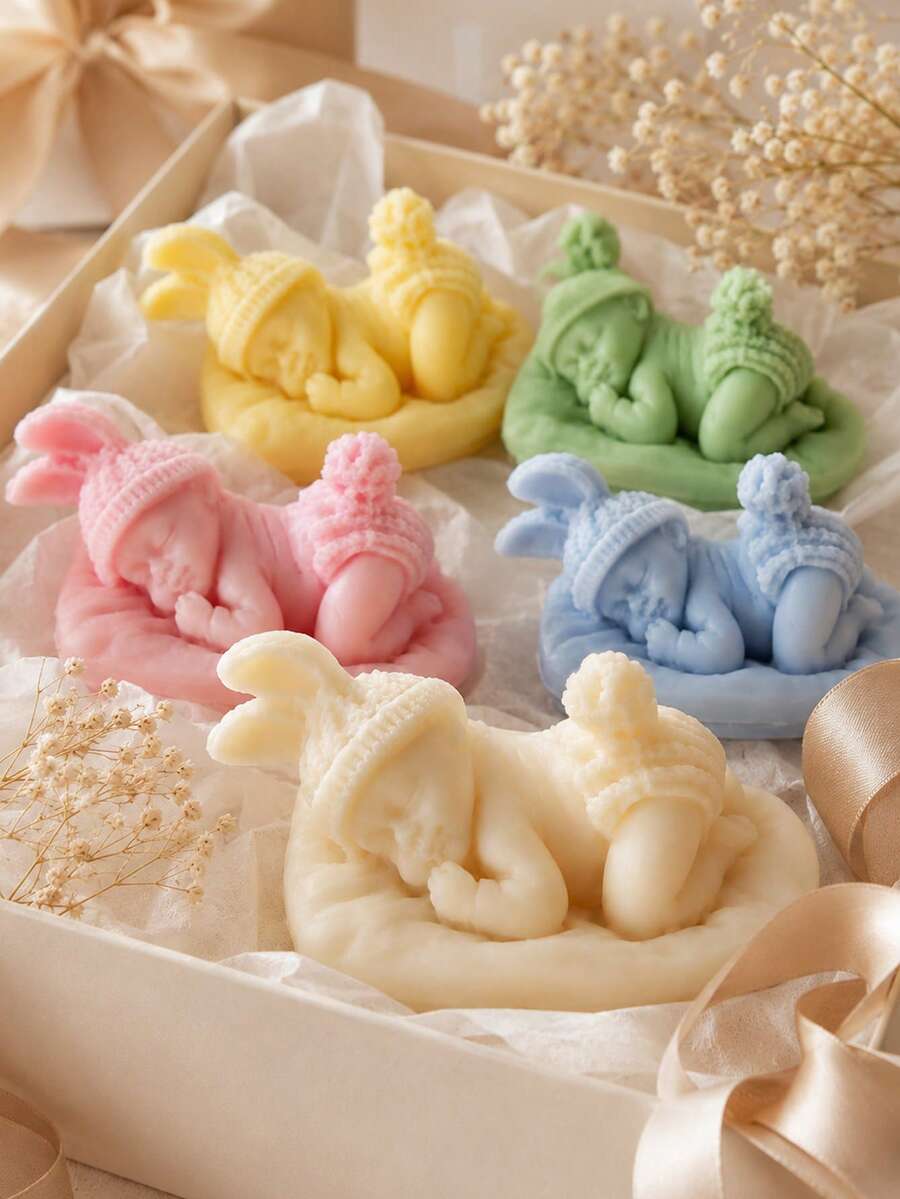 1 pieza Molde de vela de silicona 3D con bebé durmiente, molde de escultura de bebé recién nacido con gorro de punto y orejas de conejo, molde reutilizable para velas de aromaterapia DIY, jabón, resina epoxi, manualidades de yeso, regalo para baby shower, decoración del hogar y la guardería - Molde de silicona para bebé durmiendo - Ver 1