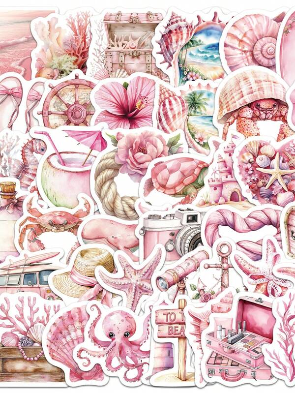 50Pcs Pink Summer Aesthetic Stickers Beach Vacation Pink Decor DIY Stickers Scrapbook Vinyl Waterproof For Laptop Phone Car Skateboard Water Bottles Scrapbooking Computer Journaling School Supplies