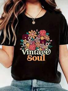 Respirable Camiseta de Mujer con Estampado Floral Vintage Soul - Patrón Geométrico Retro de los 70s y 80s, Suave y Ligera, Manga Corta, Cuello Redondo, Top Casual d,blusas para dama casuales - Negro - Ver 1