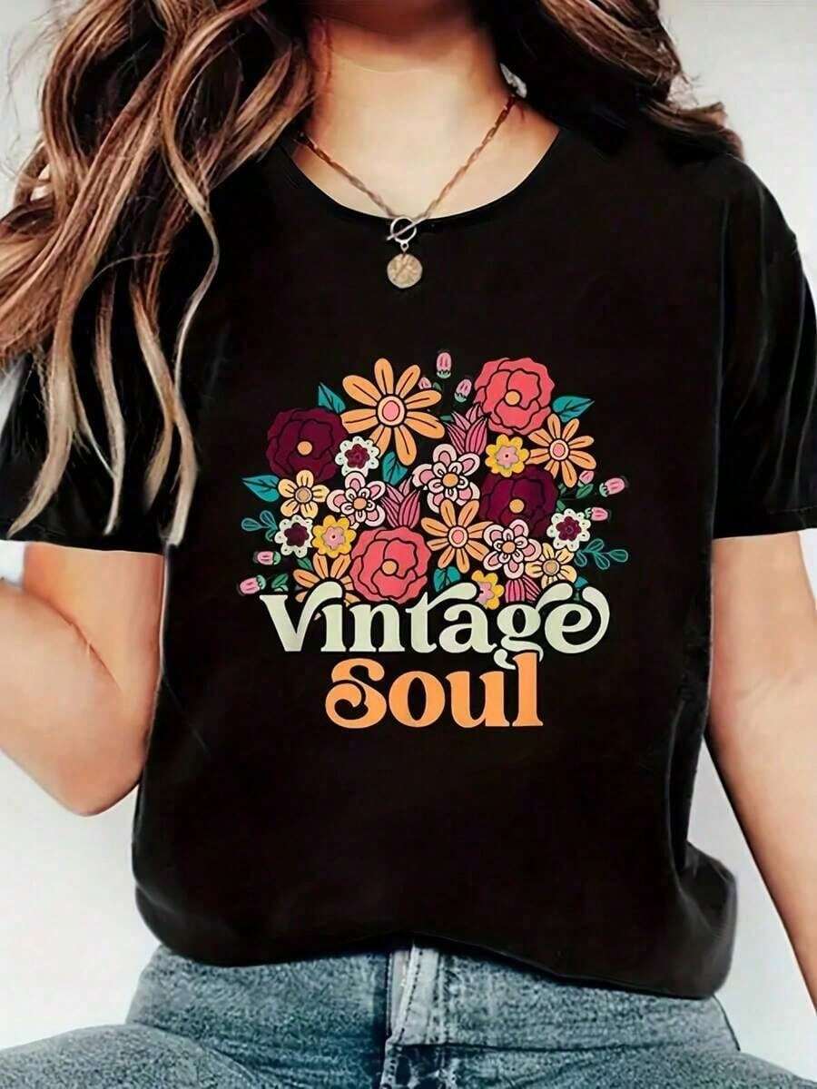 Respirable Camiseta de Mujer con Estampado Floral Vintage Soul - Patrón Geométrico Retro de los 70s y 80s, Suave y Ligera, Manga Corta, Cuello Redondo, Top Casual d,blusas para dama casuales - Negro - Ver 1