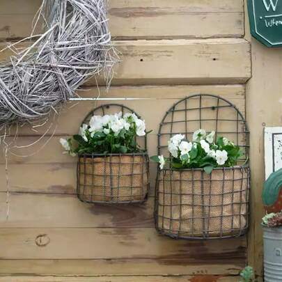 Vintage Iron Wire Mesh Wall Hanging Planter/Basket With Natural Burlap Liner | Farmhouse Wall Flower Basket For Yard, Fence, Balcony Decor, Perfect Housewarming Gift, Gift For Mom