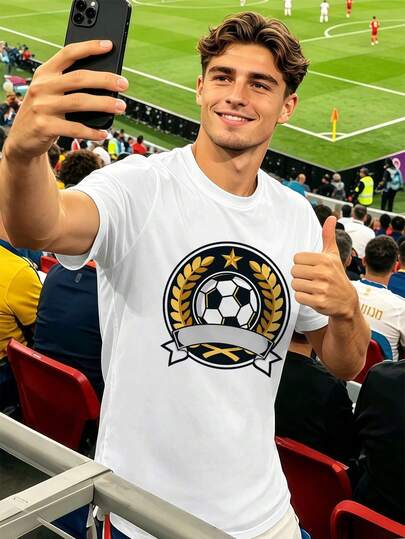 Men's casual T-shirt with football theme graphic, spring, crew neck, loose fit, hip-hop street style, comfortable, graphic design