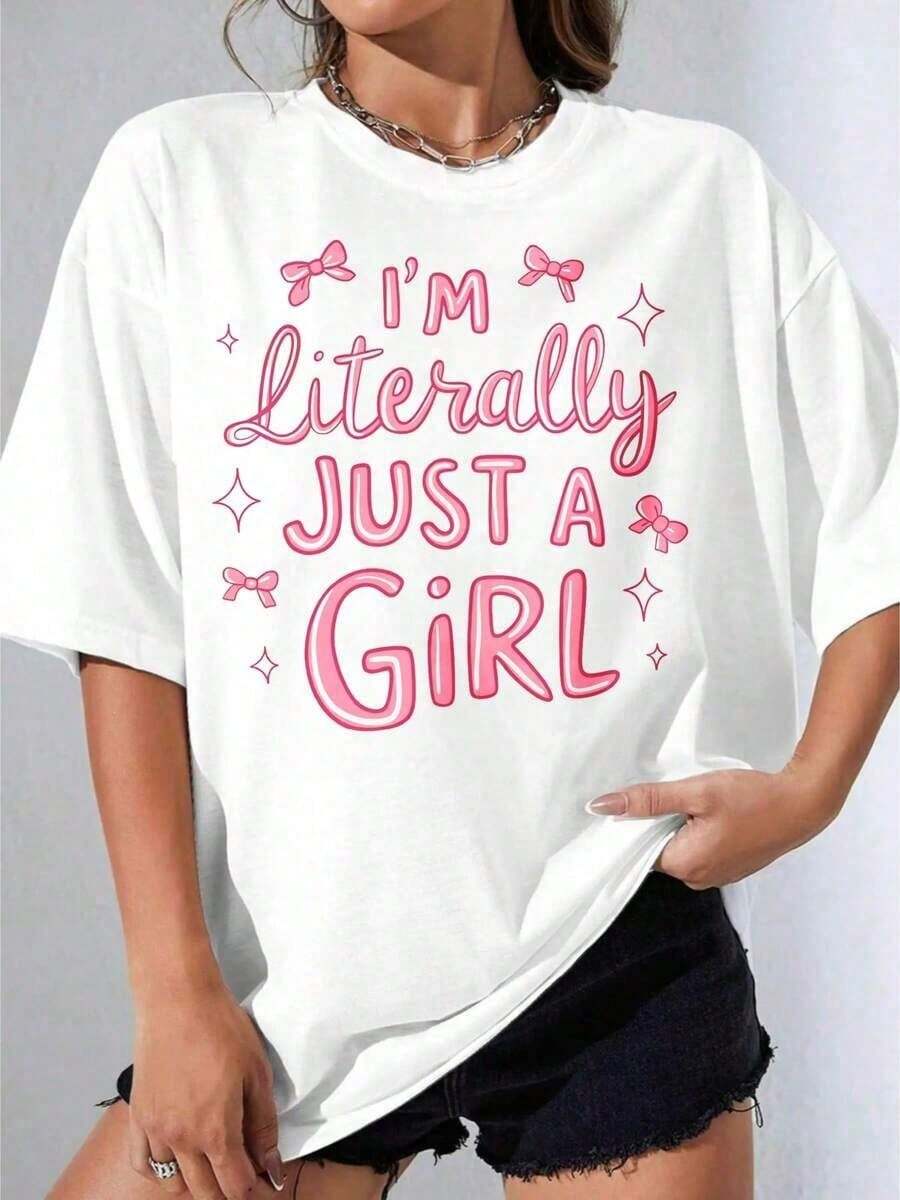 Women's Cotton T-Shirt With Round Neck And Tie, Women's Sportswear, Women's Summer Casual Short Sleeve Pink Text Phrase Oversized Party Daily Blouses - 白色 - 查看 1