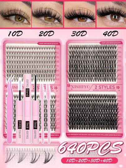 640 Pairs D-Curl False Eyelashes (10D-100D), Lightweight Textured, 10-16mm Length, Set Includes Glue And Sealer, Tweezers, Brush, Adhesive Accessories With Different Strengths, Practical And Waterproof, Eyelash Accessories (Eyelash Technique Supplies), Anime Eyelashes
