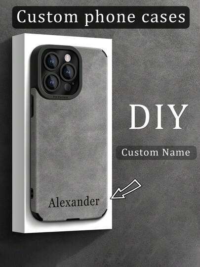 1pc DIY Customized Name Grey Suede Texture Phone Case Compatible With Apple 17ProMax/16Pro/15/14 Plus/13 Pro/12 Pro Max/11/7P/XS/XR And Phone Accessories, Men's Business Minimalist Full Coverage Anti-Drop Faux Leather Protective Cover