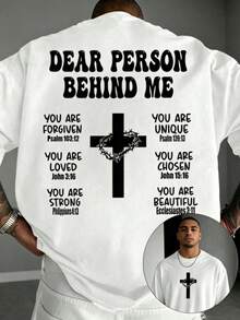 Camiseta de manga corta casual y versátil de K-GLORY para hombres con eslogan en inglés y estampado de cruz - Blanco - Ver 1