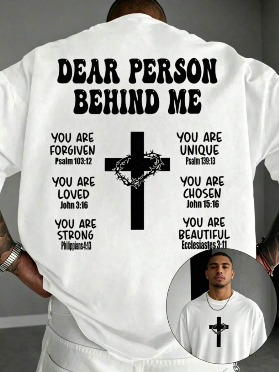 Camiseta de manga corta casual y versátil de K-GLORY para hombres con eslogan en inglés y estampado de cruz - Blanco - Ver 1
