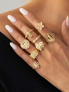 8pcs Fashion Design Heart-Shaped Rings, INS Hollow Heart & Virgin Mary Rings, Suitable For Party, Vacation, Gift For Friends And Family, Daily Wear, Commuting - Gold - View 2