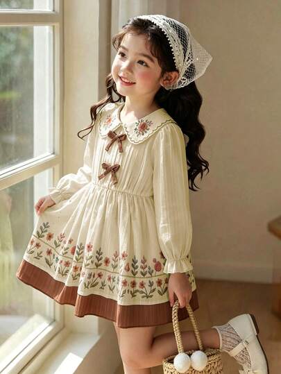 1pc Girls Toddler Casual Floral Print Soft Comfortable Woven Fabric Petal Sleeve Cuffed Sleeve Dress Suitable For Outdoor Wear Autumn/Winter