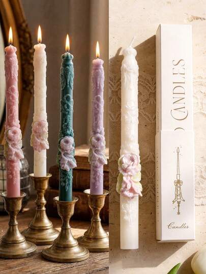1/4pcs Boxed 9.25 Inch Hand-Embossed Scented Soy Wax Taper Candles, Vintage Home Room Decor, Wedding Table Centerpiece, Romantic Dinner Party Atmosphere Light, Valentine's Day, Christmas, Thanksgiving, Halloween, Mother's Day, Baby Shower Gift, SPA Zen