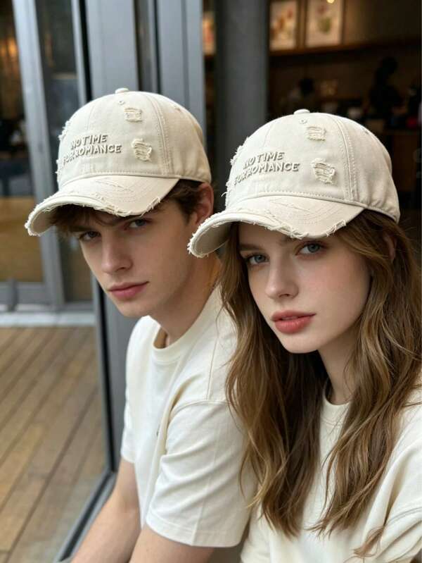 Distressed Ripped Letter Embroidery Soft Top Baseball Cap, Wide Brim Sun Hat With Adjustable Strap, Face-Slimming Casual Round Top Curved Brim Hat