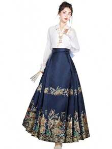 Traje de baile de Hanfu Tang Ming para mujer, diseño de patrón dorado, bordado de Hanfu - Falda azul marino - Ver 1