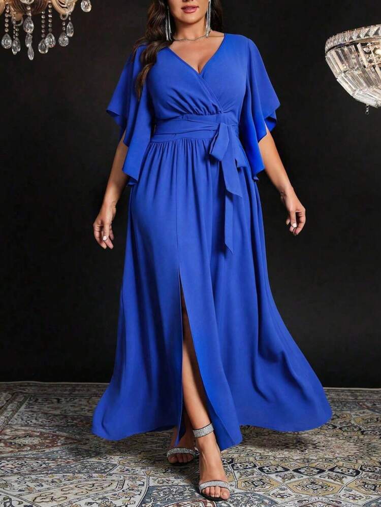 yonghongmaoyi1  Clasi Vestido largo elegante para fiesta con escote en V, mangas cortas acampanadas, cintura con lazo y vuelo, y abertura para m - Rosa vieja - Añade 6