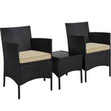 Costoffs Set Of 3 Patio Table And Chairs, Outdoor Wicker Conversation Furniture Set, 2pcs Woven Rattan Chairs With Cushions And 1 Side Table - Brown/Khaki - View 10