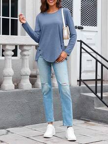Fisoew - Blusa casual de manga larga para mujer, cuello redondo, botones laterales - Rosa - Ver 3