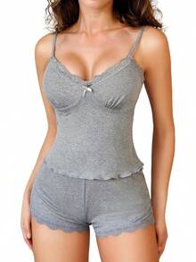 - Conjunto de pijama de punto acanalado suave para mujer, sexy, cuello en V, encaje con ribete de encaje, pantalones cortos con abertura lateral, ropa de dormir - Negro y leopardo. - Ver 10