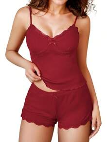 - Conjunto de pijama de punto acanalado suave para mujer, sexy, cuello en V, encaje con ribete de encaje, pantalones cortos con abertura lateral, ropa de dormir - Azul - Ver 12