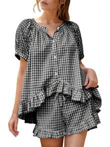 Flygo - Conjunto de pijama de cuadros para mujer, 2 piezas, de algodón, manga abombada, con volantes, conjunto de pijama de verano - Rosa - Ver 22