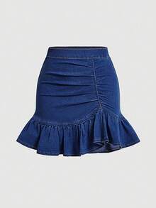 MOD Falda de mezclilla con dobladillo abullonado fruncido - Azul lavado oscuro - Ver 1