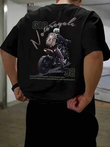 Men's Round Neck Letter Print Short Sleeve T-Shirt, Suitable For Summer Casual Sports - 黑色 - 查看 1