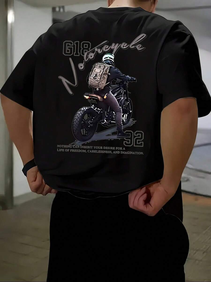 Men's Round Neck Letter Print Short Sleeve T-Shirt, Suitable For Summer Casual Sports - 黑色 - 查看 1