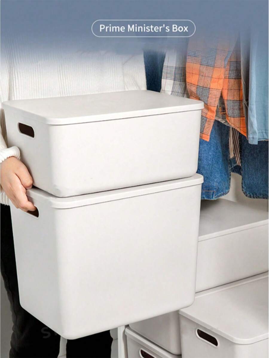 Cream White Plastic Storage Box With Lid And Side Handle, Stackable Multi-Functional Organizer Container, Large Capacity Dust-Proof Sorting Bin, Suitable For Wardrobe, Toys, Cosmetics, Groceries, Snacks, Office Supplies, Bedroom Closet, Bathroom, Kitchen And Home Storage - White - View 1
