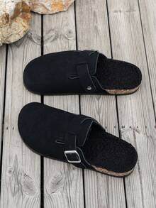 Men's New Retro Mule Loafers, Casual Slip-On Flat Half-Toe Slides With Adjustable Buckle, Available In Fleece-Lined Autumn/Winter And Non-Fleece All-Season Styles - Black Velvet - View 5