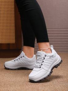 Damen Mode Sportschuhe mit dicker Sohle, atmungsaktive Schnür-Laufschuhe, dicke Sohle Outdoor Freizeitsportschuhe - Weiss - Übersicht 4