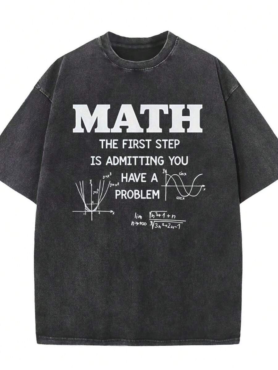 Camiseta lavada, corte holgado, estampado de problemas de matemáticas en negro, estilo casual de uso dual para el campus. - Negro - Ver 1