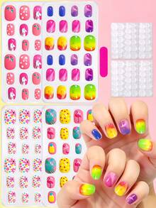 192pcs-8Box Kawaii Children Acrylic Fake Nails, Full Cover Glitter Cute Spring/Summer Pineapple, Unicorn, Penguin, Flamingo, Rainbow, Heart Short Press-On Nails Set For Kids, With 1 Nail File And 8 Jelly Stickers ﻿ - Multicolor - View 4