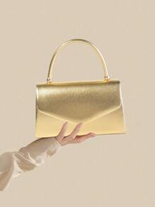 1 Piece White PU Material Flap Clutch Bag With Luxury Metal Decoration, Showing Fashion And Elegance, Suitable For Holding, Carrying, Wearing On The Shoulder Or Crossbody, P - 金色 - 查看 1