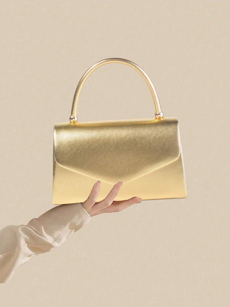 1 Piece White PU Material Flap Clutch Bag With Luxury Metal Decoration, Showing Fashion And Elegance, Suitable For Holding, Carrying, Wearing On The Shoulder Or Crossbody, P - 金色 - 查看 1