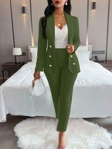 AIJ Women 2 Pieces Fall Fashion Outfits, Double Breasted Blazer & Pants Matching Set, Formal Business HOCO Homecoming Outfit - Turquoise - View 1
