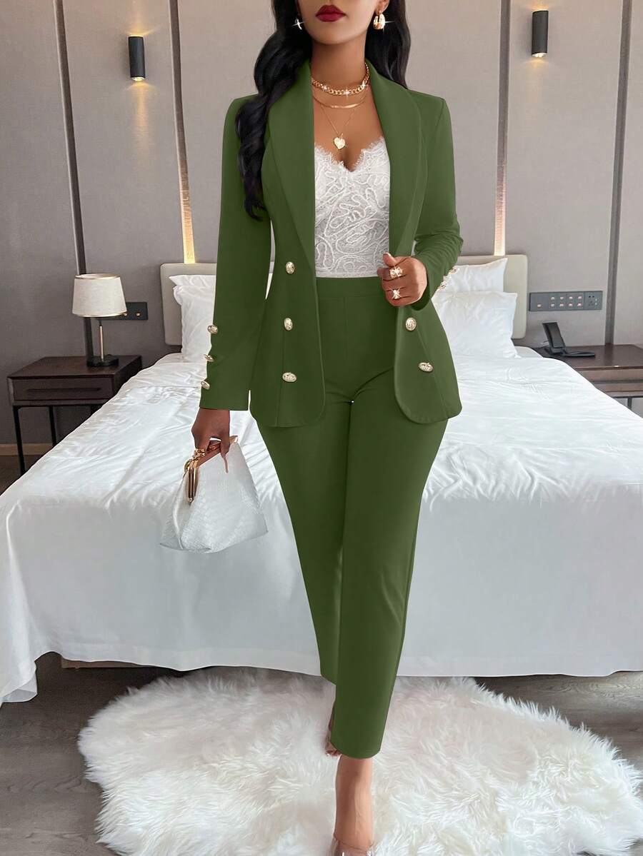 AIJ Women 2 Pieces Fall Fashion Outfits, Double Breasted Blazer & Pants Matching Set, Formal Business HOCO Homecoming Outfit - Turquoise - View 1