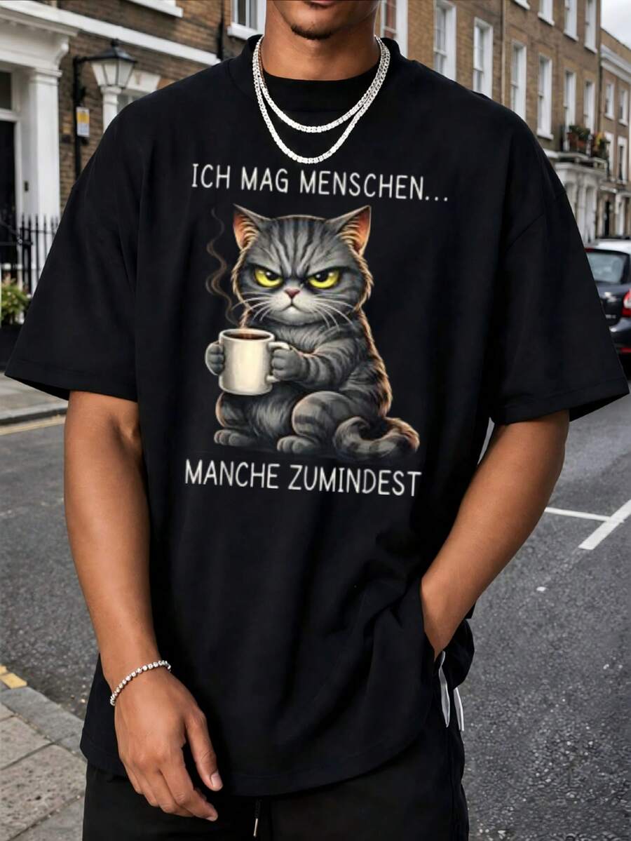 I Like People Morning Grumps Cats Coffee Saying Sarcastic T-Shirt Soft Energetic Monochrome Cozy Short Sleeve T-Shirt Dynamic Floral Artistic - Black - View 1