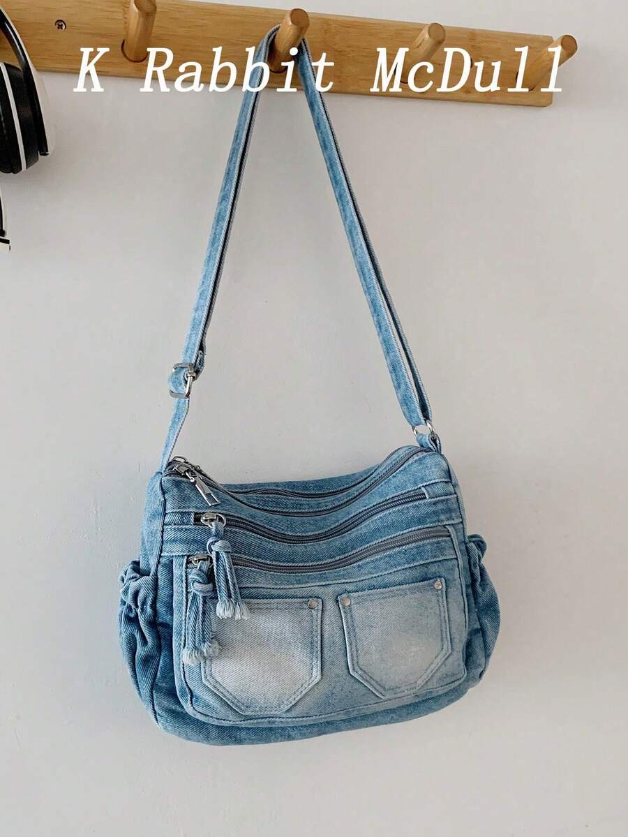 New Chic Casual Shoulder Bag Made Of Soft, Multi-Layered Denim With Multiple Pockets, Versatile, Suitable For Work, Shopping And Travel. - Grey - View 1