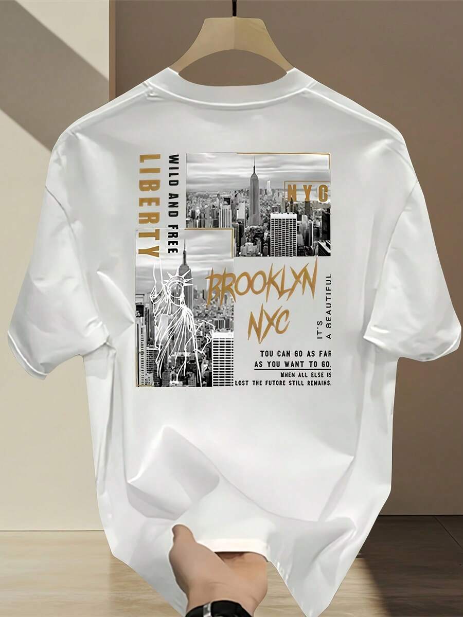 Lokaler Versand - DE/IT/FR/ES/PL Versand Unisex NYC Brooklyn Bridge T-Shirt Herren T-Shirt Herrenbekleidung - Vintage Skyline-Print Kurzarm, Lässiges Reise-Top, Essentials Short, Urlaubsgeschenk Perfekt - A - Übersicht 1