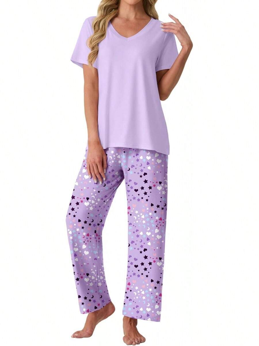 PrinStory - Conjunto de pijama suave de 2 piezas para mujer, conjunto de pijama casual de manga corta con bolsillos - Rayas cian - Ver 1