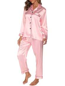 GAESHOW Conjunto de Pijamas de Mujer con Manga Larga de Satén Top Botones y Pantalones Pijama de Seda Ropa de Dormir - Rosa - Ver 1