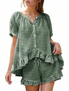 Flygo - Conjunto de pijama de cuadros para mujer, 2 piezas, de algodón, manga abombada, con volantes, conjunto de pijama de verano - Rosa - Ver 15
