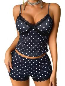 - Conjunto de pijama de punto acanalado suave para mujer, sexy, cuello en V, encaje con ribete de encaje, pantalones cortos con abertura lateral, ropa de dormir - Negro y leopardo. - Ver 12