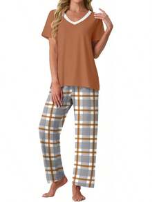 PrinStory - Conjunto de pijama suave de 2 piezas para mujer, conjunto de pijama casual de manga corta con bolsillos - Cuadros marrones y blancos - Ver 14
