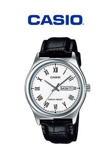 Casio 男士石英手錶，皮革錶帶，白色羅馬數字錶盤，日期顯示，三針類比，商務休閒手錶，適合男士的理想禮物，日常佩戴 MTP-V006L-7B - 白色 - 查看 12